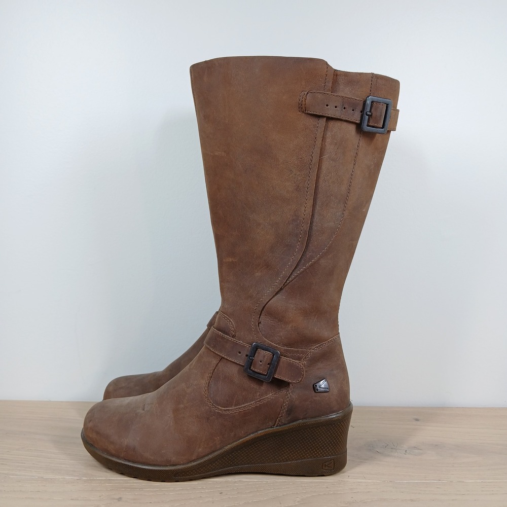 Keen Boots Women 8.5 Brown Leather Knee High Buckle Strap Wedge Riding